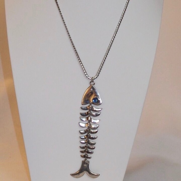 Linea By Louis Dell" Olio Silver Tone Blue Gold Stone Eyes Fish Necklace - Picture 2 of 6